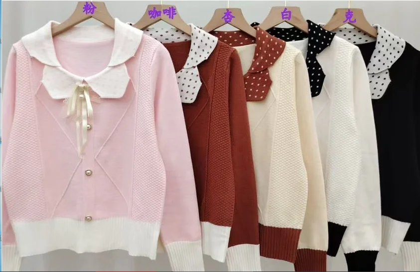 Maglione di fascia alta dopamina da donna colletto per bambola maculato fiocco dolce maglione pullover lavorato a maglia a maniche lunghe