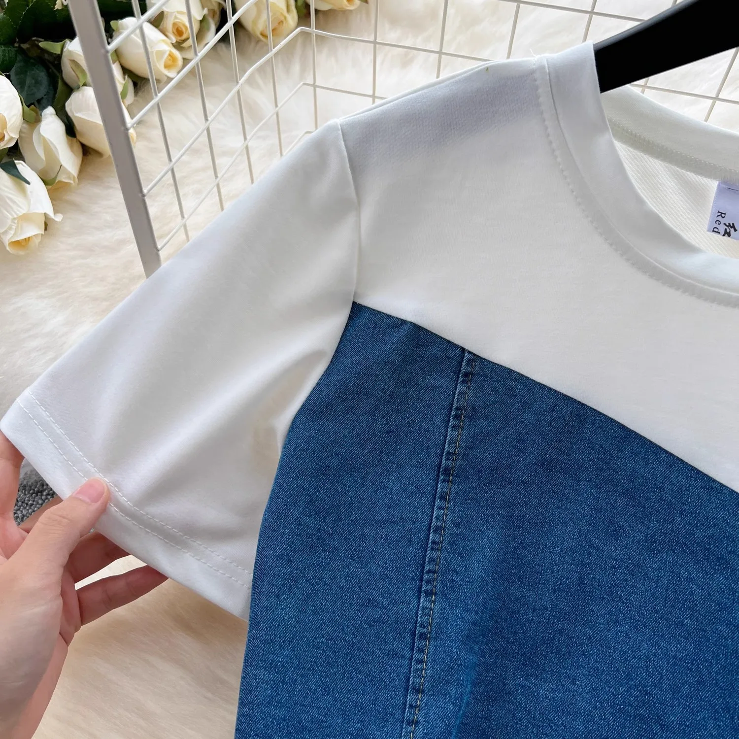 Pant Set Women Two Piece Sets Matching Sets Short Sleeve Denim Splice Tops Wide Leg Long Pants Elastic Waist Y2k Casual 2025