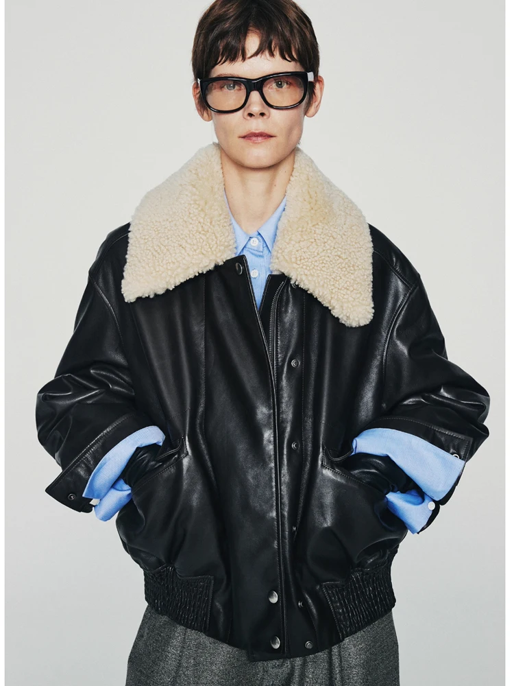 

Кожаная куртка из натуральной овчины с отстегивающимся воротником из меха ягненка, 90% белый гусиный пух, модное стеганое пальто, теплое, с длинными рукавами