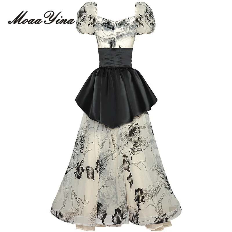 MoaaYina Summer Fashion Runway Elegant Party Print Dress Women's Square Collar Short Sleeve Drawstring Corset 2 Pieces Set Dress