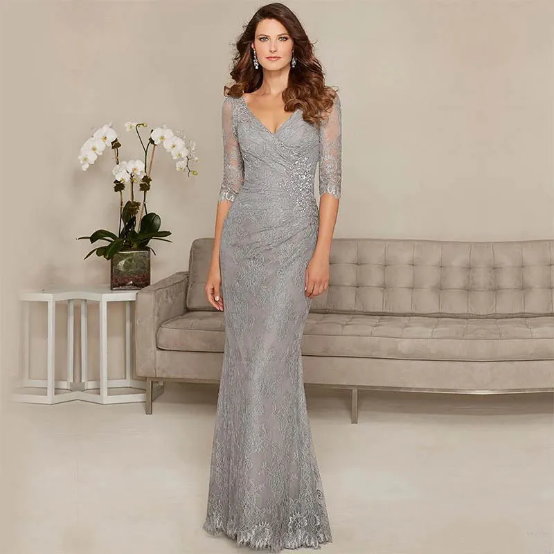 

Neckline Silver Mermaid Mother of the Bride Dresses For Wedding Beads Lace 3/4 Sleeves Double V Neckline Floor Length Godmothe