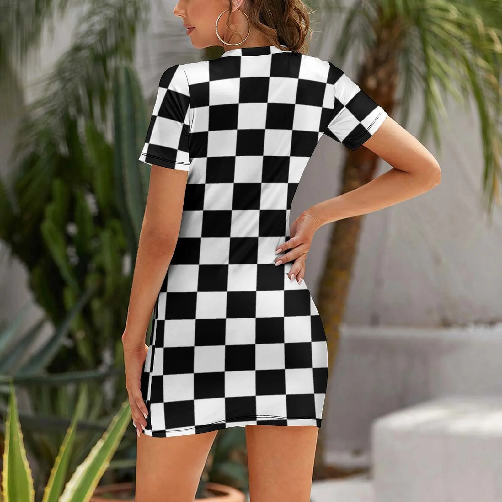 Small Black White Check Motorsport Race Flag Checkered Skirt Pillow Short Sleeved Dress Party dresses