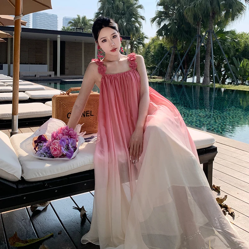 

Vacation Photo Beach Dress Pink Gradient Strap Silk Long Dress with 3D Embroidery Fairy