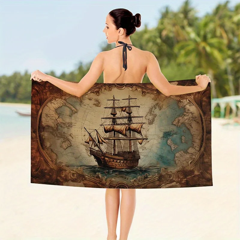 Beach Towel Vintage Map and Ship Printed Pattern Sun Protection Windproof Suitable for Pool Camping Travel Blanket