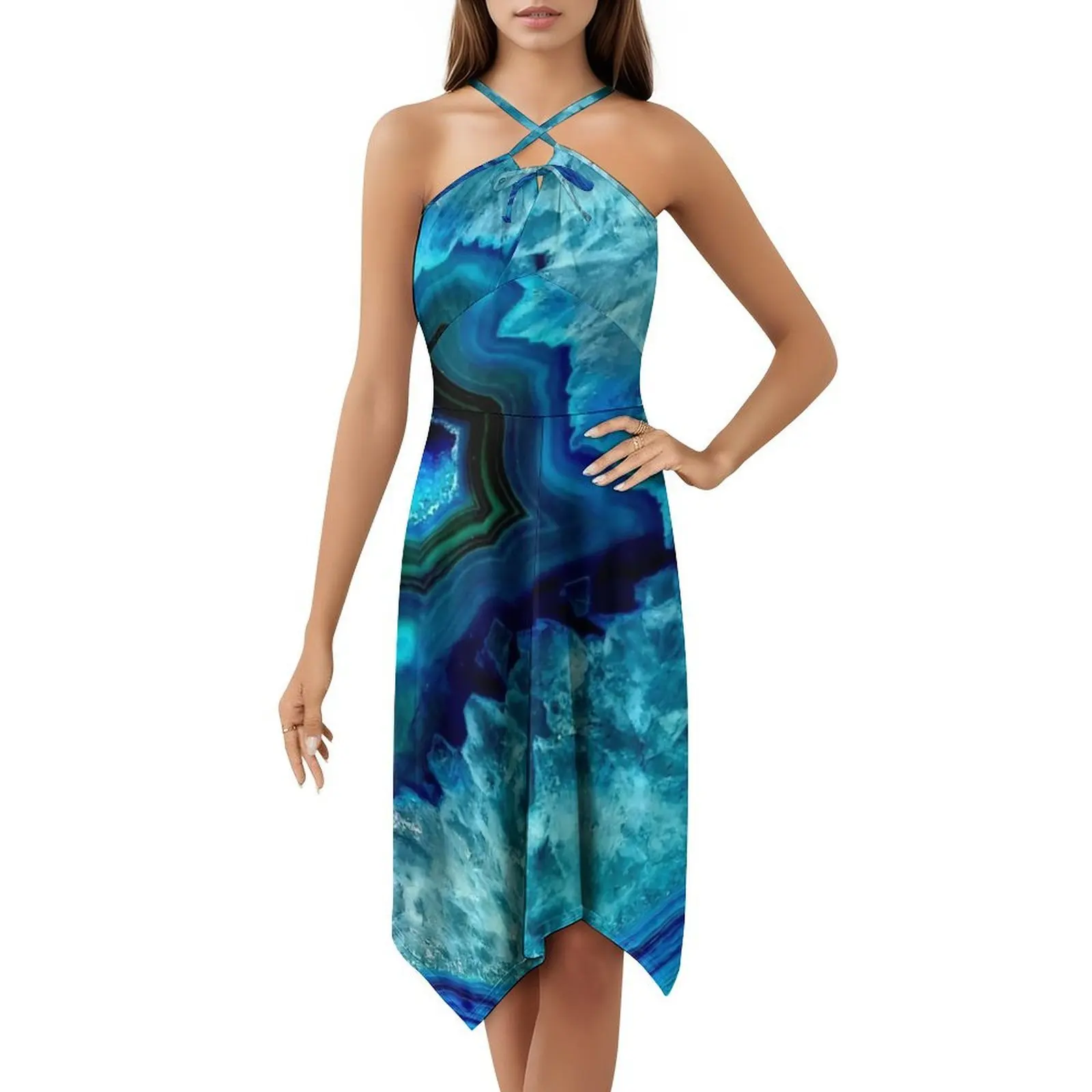 الهدوء الفيروزي: فستان بوهيمي عازل كوارتز معدني بدون أكمام متعدد الطباعات لحفلات عطلة الشاطئ باللون الفيروزي