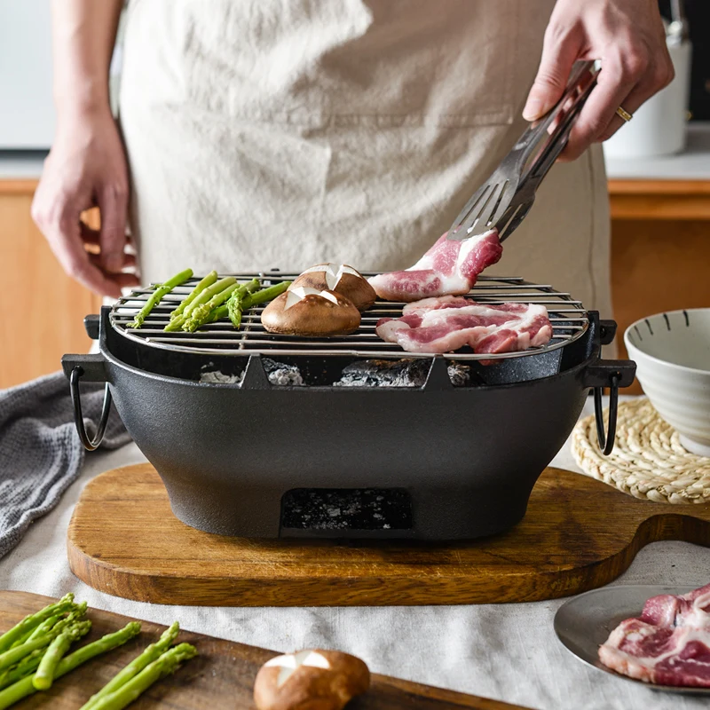 Cast Iron Barbecue Grill, Oval Charcoal, Portable, Multi-Functional Oven, Durable, Outdoor