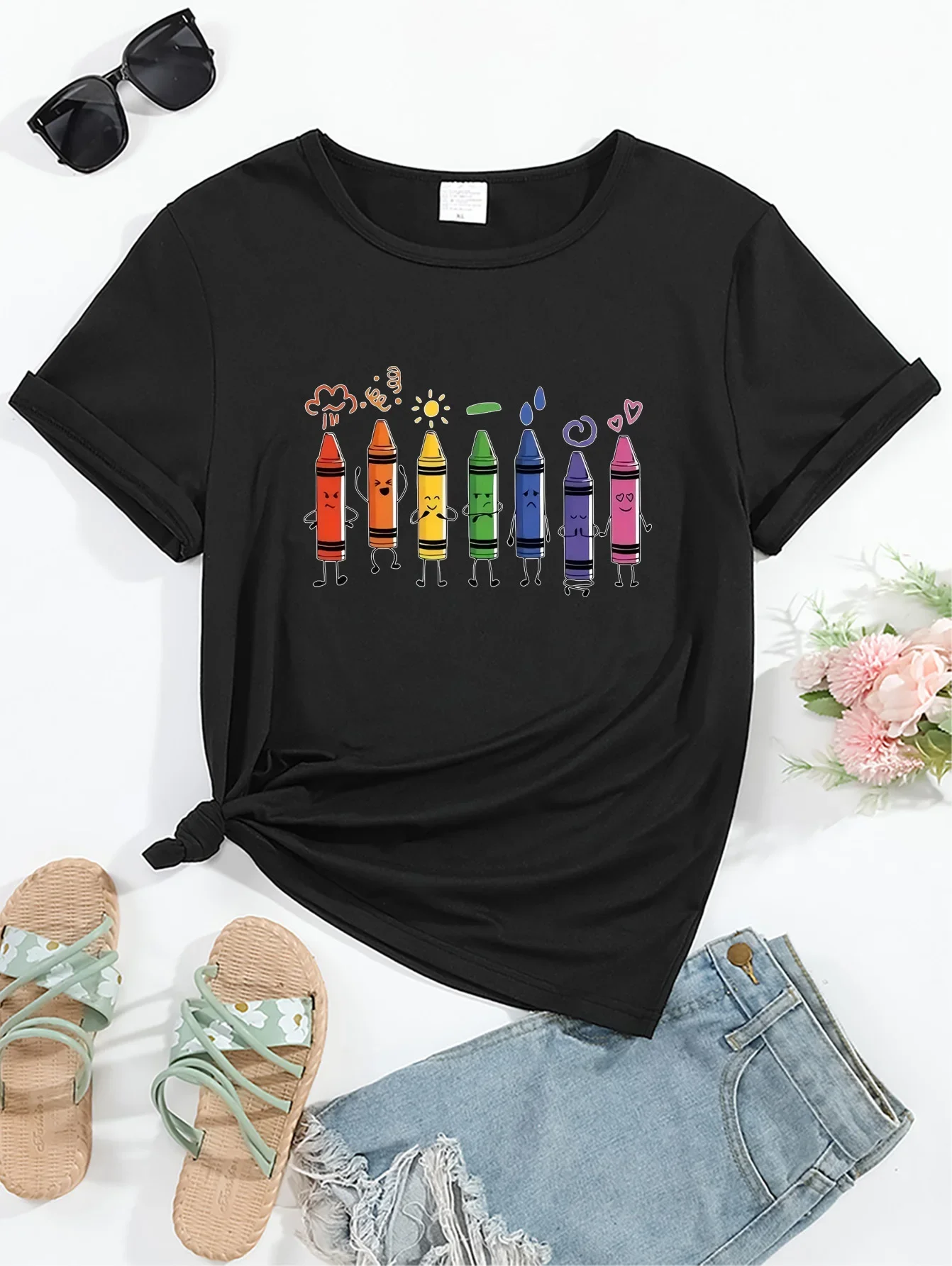 Graphic Print Round Neck Tee Season Comfort  Ladies T Shirts Women's Casual Sleeve T-Shirt with Playful Crayon & Stars Harajuku