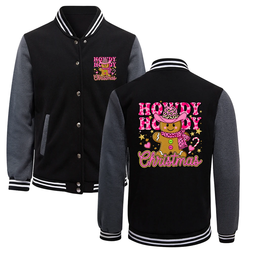 Howdy Christmas Gingerbread Man Print Baseball Jersey Pria Trendy Fleece Streetwear Kasual Longgar Lengan Panjang Unisex American Coat