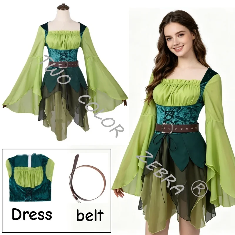 

Medieval Forest Elf Cosplay Green Dress with Layered Chiffon Skirt and Brown Belt for Themed Parties Events Dress Up Party