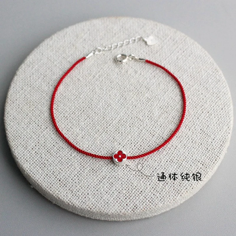 16+2cm Red Rope Flower Women Silver Bracelets Silver Red Clover Bead Girls 925 Bracelets 925 Sting Length Can Customized