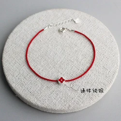 16+2cm Red Rope Flower Women Silver Bracelets Silver Red Clover Bead Girls 925 Bracelets 925 Sting Length Can Customized