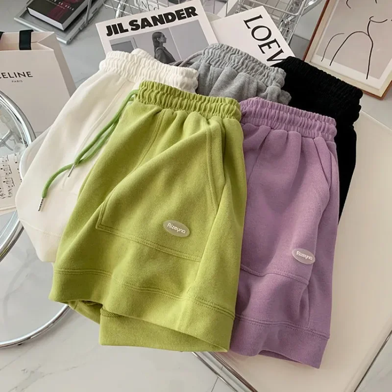 

Summer Shorts Women Fashion Straight Shorts Vintage High Waist Elasticity Solid Summer Loose with Pocket Indoor Outdoor Shorts