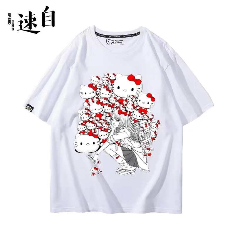 Cartoon Hello Kitty Tomie Kawakami T Shirt 100% Cotton Printed Sanrio Tomie Junji Ito T-shirt for Women Men Loose Oversized Tees