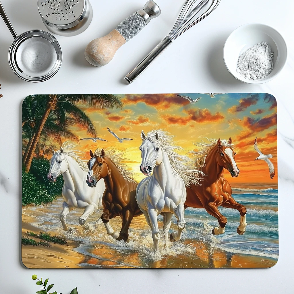 1pc Drying Mat Beach Horses Palm Trees Seagulls Non-Slip Absorbent Mat Tableware Kitchen Counter Drain Mats Placemats for Table