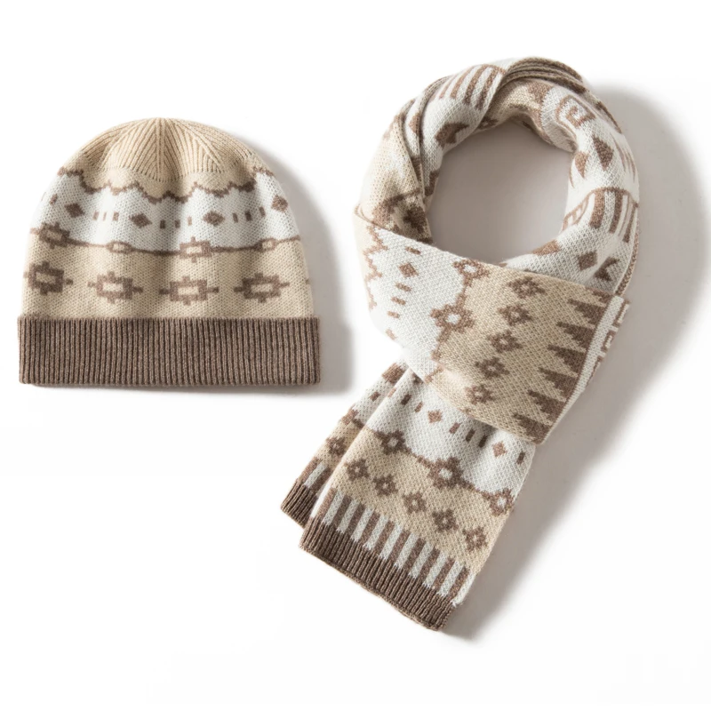 

Женский комплект из 100% кашемира с ромбовидным узором, шарф и шапка, зимний утолщенный многофункциональный вязаный комплект из двух предметов с защитой от ушей
