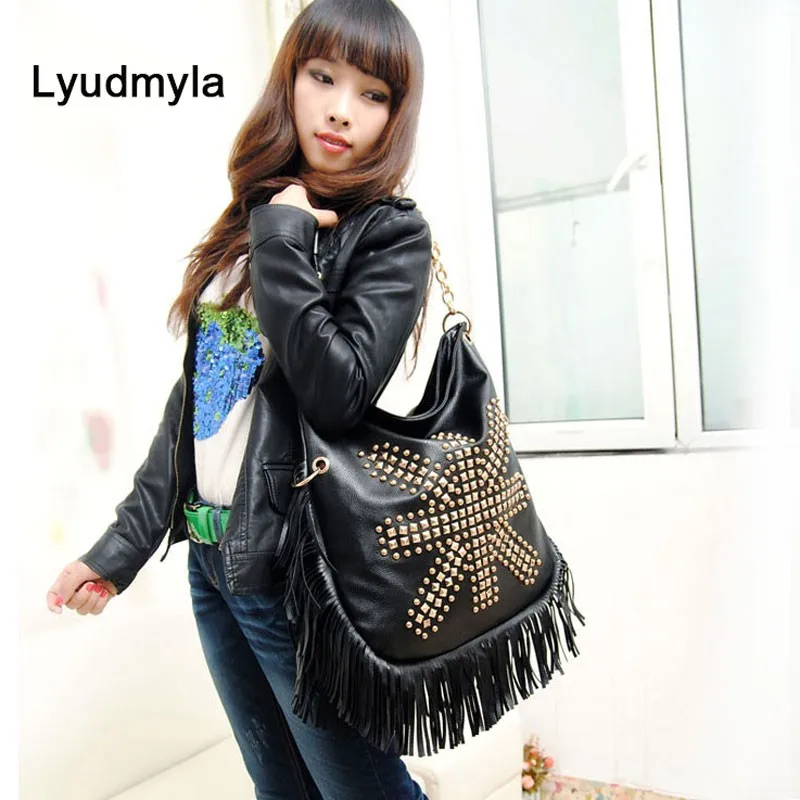 Punk Tassel Hobo Bags Large Black Handbags Fringe Leather Bag Designer Vintage Rivet Shoulder Bags Women Big Causal Handbag Soft