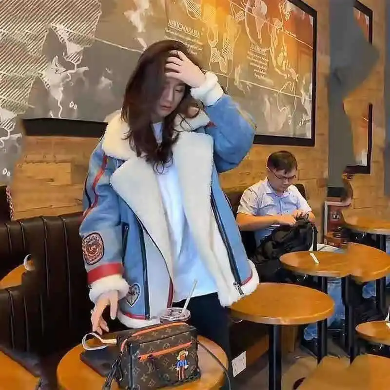 Veste de motard en Faux peau de mouton pour femme, manteau d'hiver en Patchwork épais doublé de polaire, Style hongkongais rétro, nouvelle collection 2025