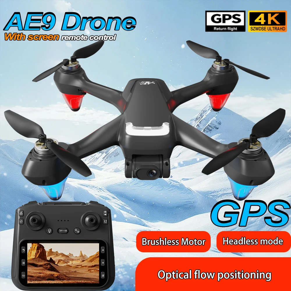 New AE9 GPS Drone RC 4K Dual Camera optical flow positioning brushless motor With screen headless mode endurance RC Drone Toys