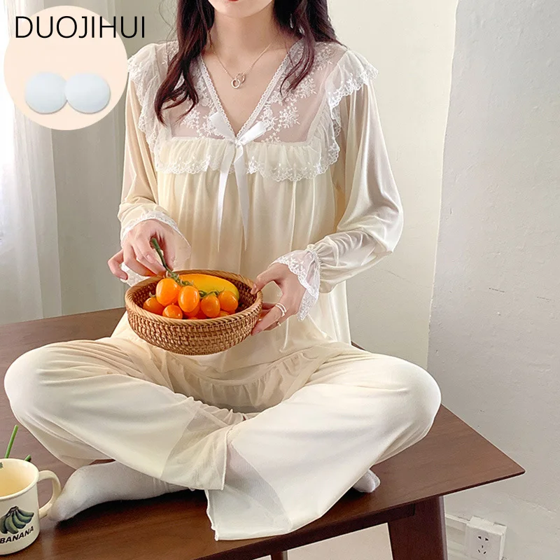 DUOJIHUI Chicly Lace Sweet Two Piece Female Pajamas Sets Spring Basic Long Sleeve Pullover Simple Pant Fashion Pajamas for Women