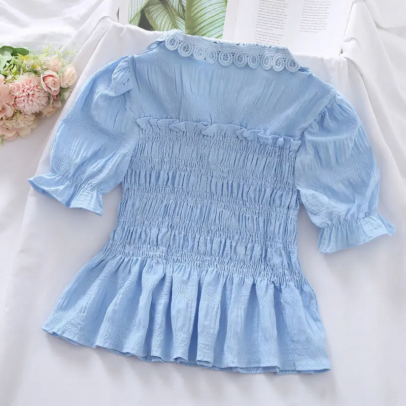 Casual All-match Fashion Solid Color Slim Blouses Women\'s Clothing Summer New Chiffon Lace Spliced Folds Ruffles Tops Shirt