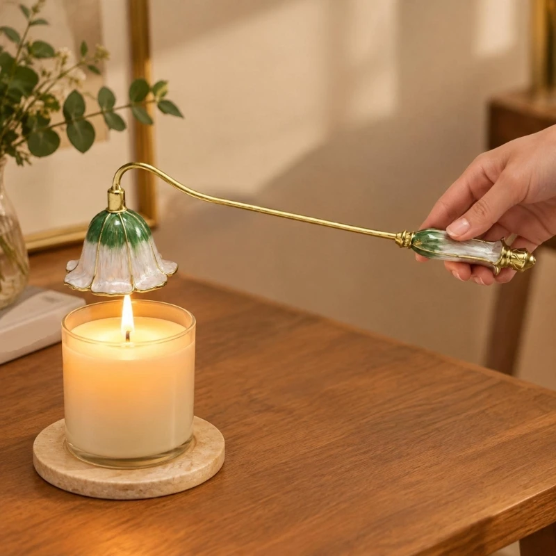 Decorative Enamel Snuffer with Ornate Flower-Form Cover and Detailed Handle, Candle-Side Accent for Controlled 55KF