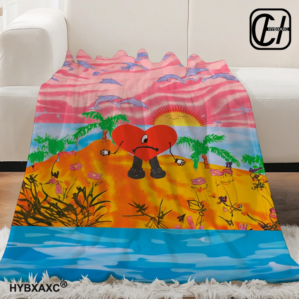 Cartoon Bad Bunny Blanket Flannel Blankets Pop Latin Music Warm Plush Fleece Throw Blankets for Aldult Sofa Bedding All Season