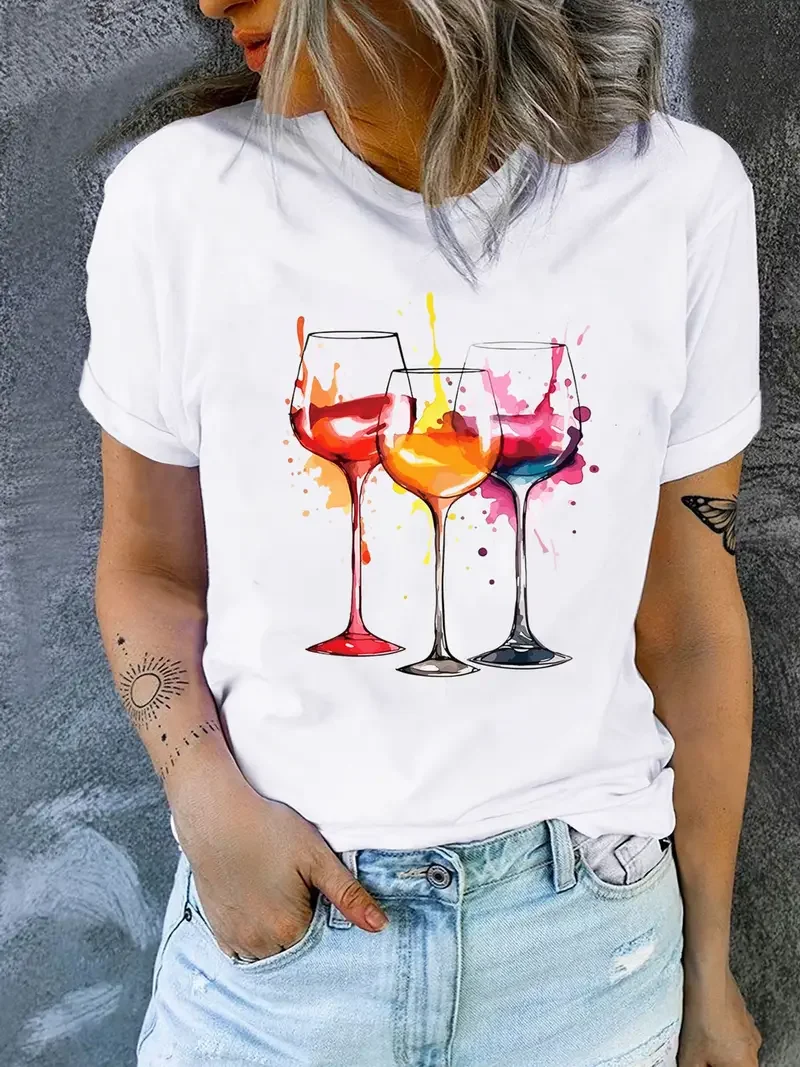 Rotwein Tasse bunt bedruckte T-Shirt Spaß Straße Retro Frauen T-Shirt Mode lässig Sommer Top Harajuku 2024 neue Kawaii