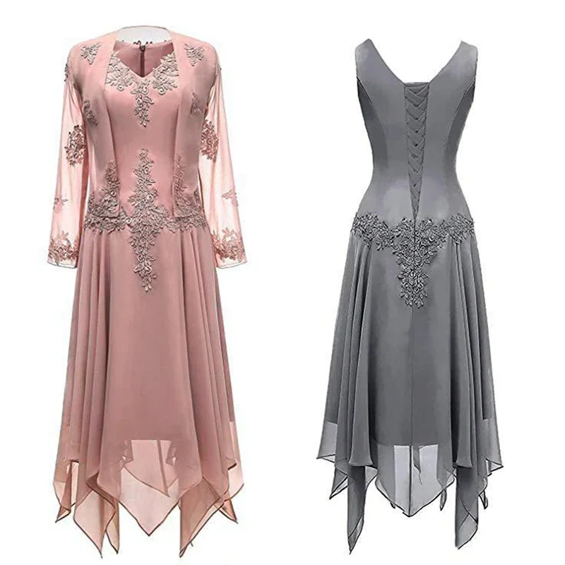 V-Neck Chiffon Tea Length Mother of The Bride Dress Long Sleeves Lace Formal Evening Gowns With Jacket Свадебное платье vestidos