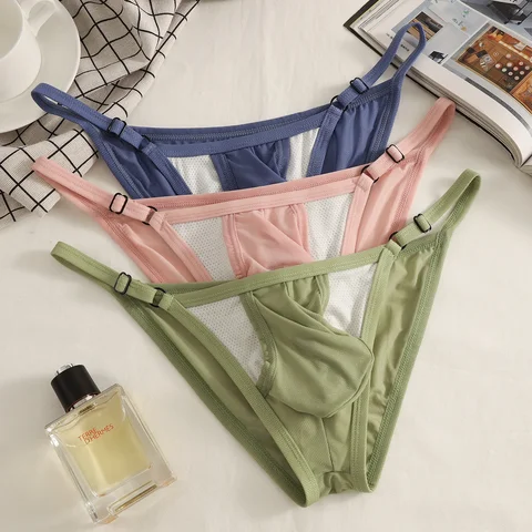 Men's Ice Silk Briefs with Open Front And Adjustable Waist - Summer Sexy Breathable Underwear for Comfortable Fit
