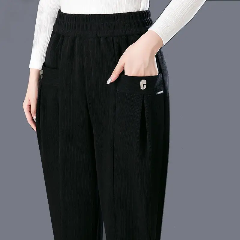 Autumn and Winter Women's Pocket Elastic Corduroy Chenille Solid Loose High Waist Elastic Harlan Fashion Casual Elegant Pants