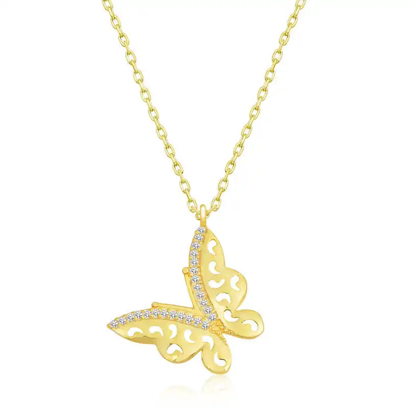 Silver Gold Butterfly Lady Necklace 925 Sterling Women Fine Jewelry Wedding Party Birthday Gift - Jeweled - Box - Pendant - Chain Choker - Female - Ladies - Fashion