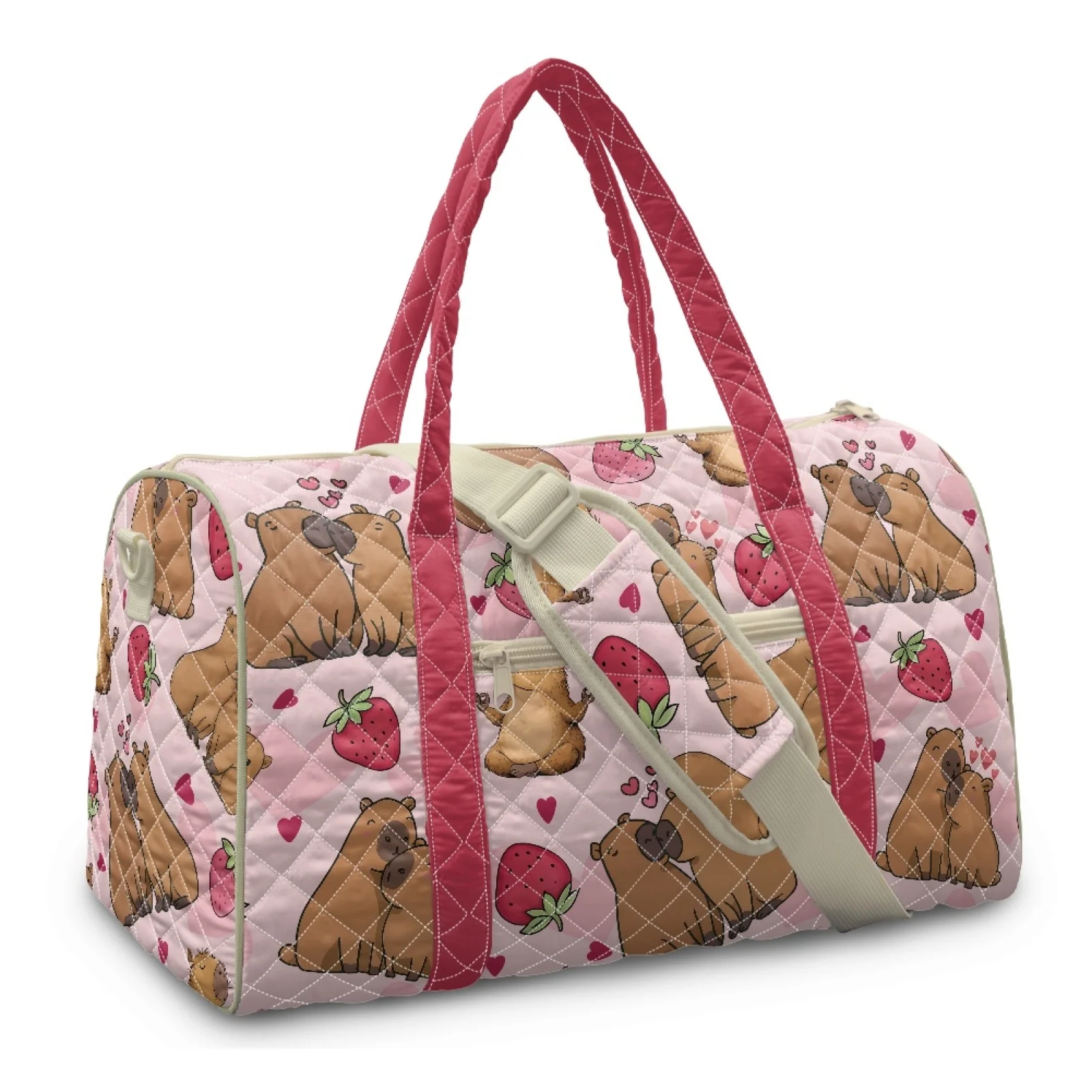 Coloranimal Capybara Strawberry Quilted Duffle Bags Polyester Portable Gym Bag for Camp New Trend