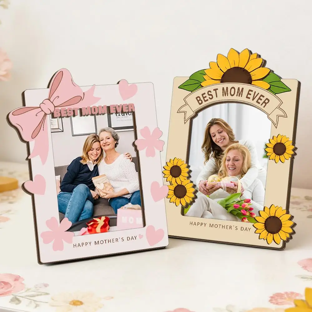 2pc Wooden Picture Frame, 5mm White Double-Layer Wood Board Picture Frame, Pink Ribbon Square Sunflower Standing Sign
