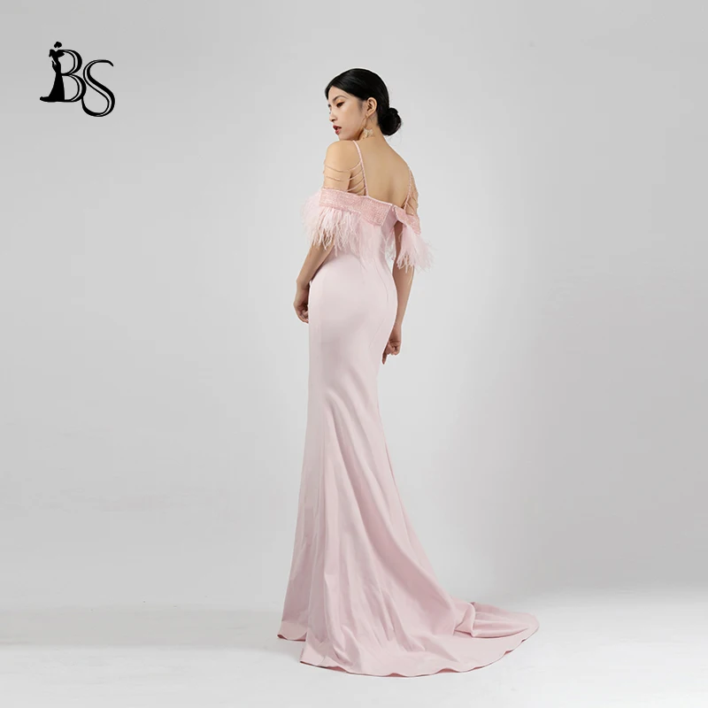 Vestido de noite sexy sem costas personalizado para mulheres, contas de unhas artesanais, cabelo de avestruz, casamento, rosa, H5