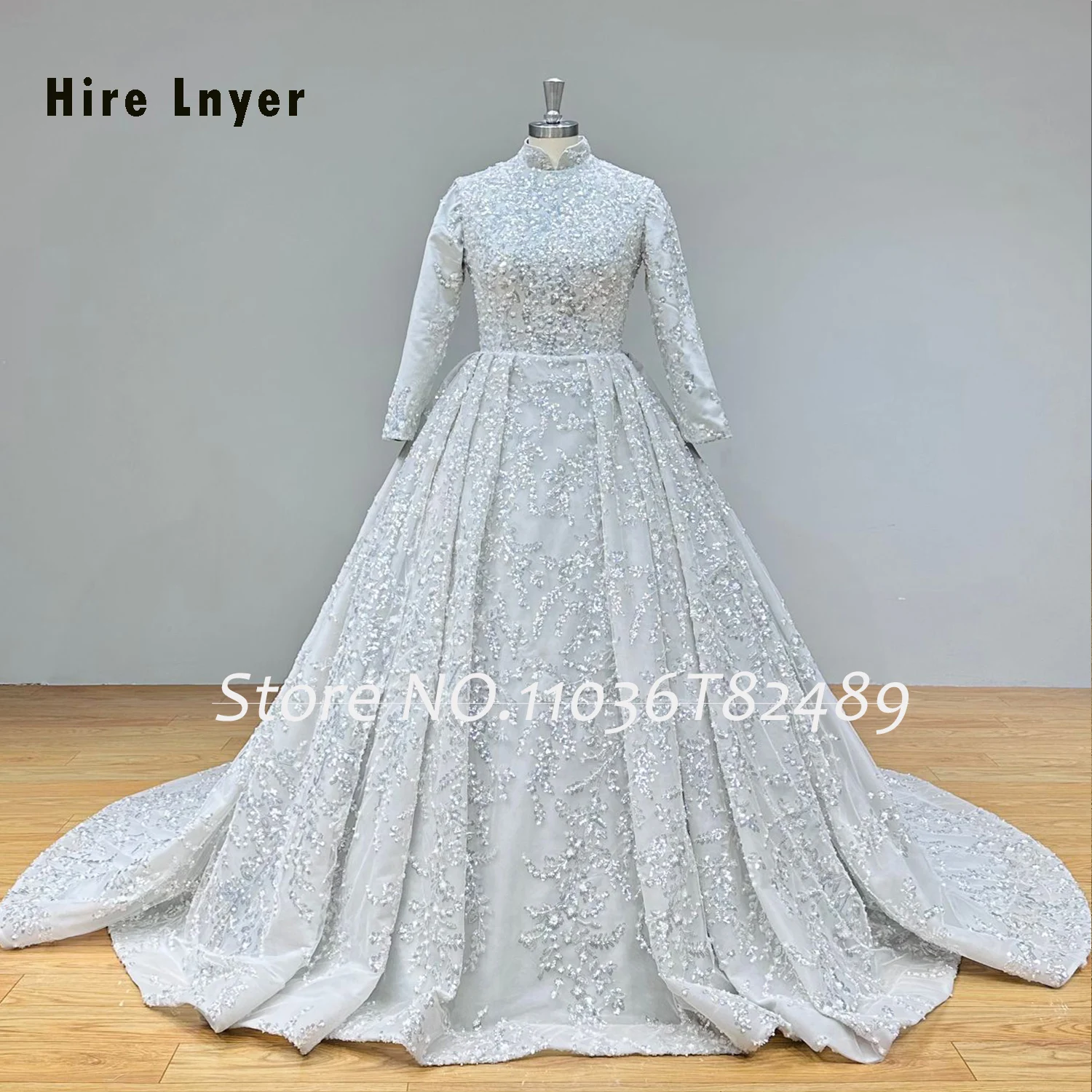 Hire Lnyer High Neck Zipper Up Back Long Sleeve All Over Covered Shiny Beading Pearls Sequins Grey Muslim Wedding Dresses