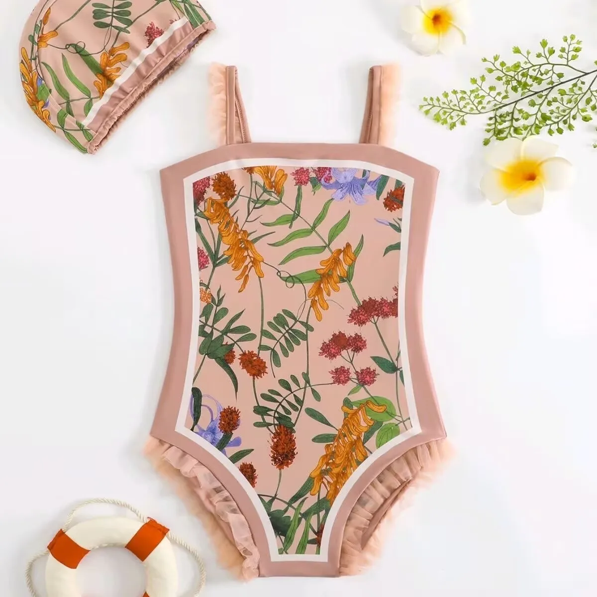 

2025 New summer children swimsuit 2 sides wear Girl one-piece body suit baby girls pink flower swim wear