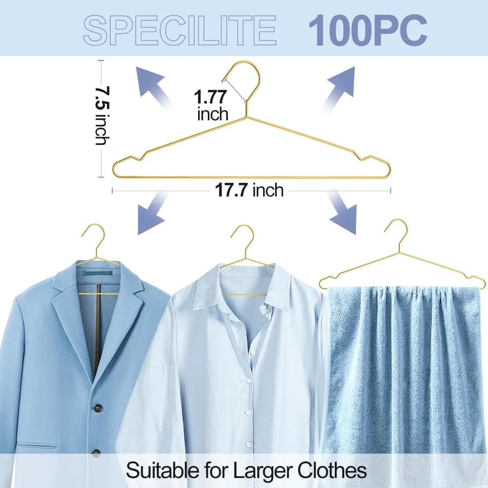 Confezione da 100 grucce in metallo dorato da 17,7 pollici per carichi pesanti per abiti di grandi dimensioni, camicie, pantaloni, cappotti - Supporto resistente per abiti per occasioni speciali