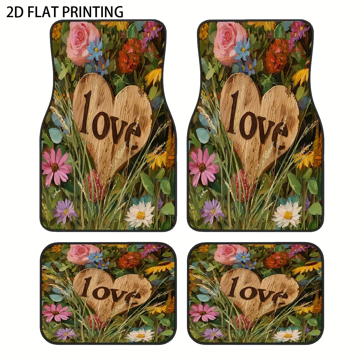 

4pcs Floral "Love" Wooden Plaque Pattern Car Floor Mats, Universal Polyester Fiber Material, All-Season All-Weather Vehicle Inte