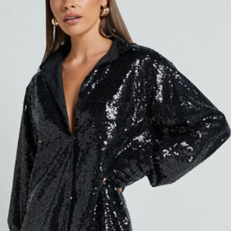 2025 New Fashion Commuter Style Cardigan Long-sleeved Sequined Women's Shirt Dress