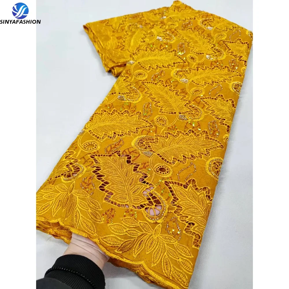 Sinya African Laser Guipure Lace Fabric Embroidery With Stones High Quality Gold Luxury Cord Lace For Wedding Party Dress