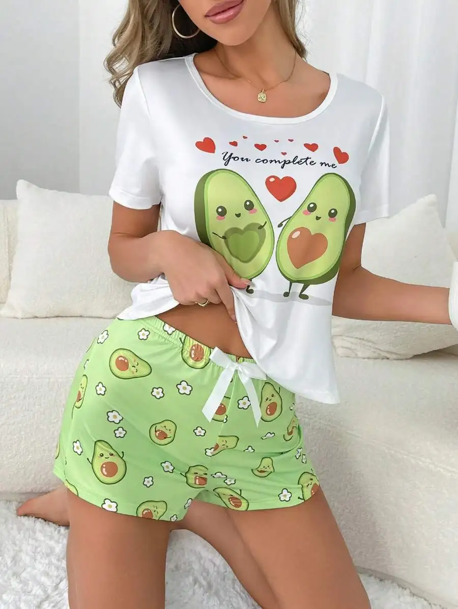

Avocado Print Round Neck Short Sleeve T-Shirt And Shorts Women Sleepwear Pajama Set