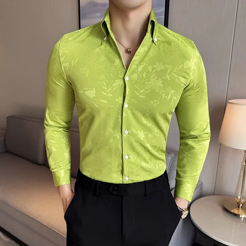 

Luxury V-Neck Single-breasted Floral Shirts for Men Fashion Korean Long Sleeve Slim Mens Shirt Autumn Spring Club Prom Shirt Man