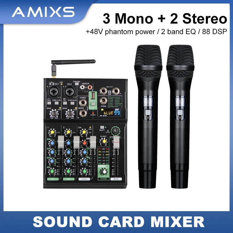 جهاز مزج الصوت AMIXS مع 2 ميكروفون لاسلكي وبطاقة صوت و4 قنوات بلوتوث DJ وحدة تحكم الصوت #1