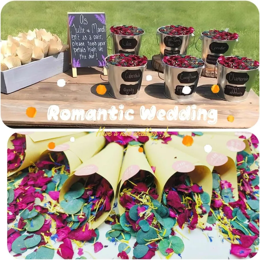 2 QT Roses séchées et feuilles d'eucalyptus mélange de pétales 20 + tasses de confettis biodégradables naturels contenant des chrysanthèmes au jasmin