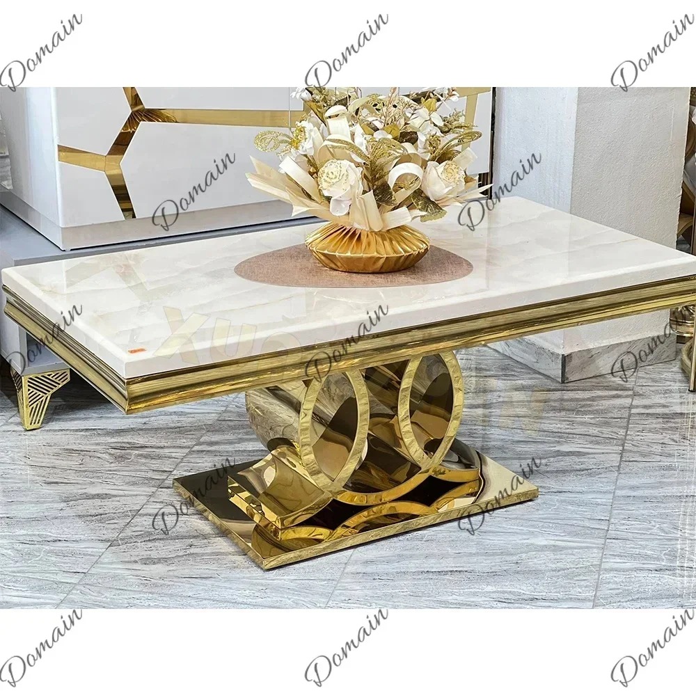 YT Loom Furniture Italian Center Table Stone Gold Metal Nordic Travertine Luxury White Marble Coffee Table For Sale