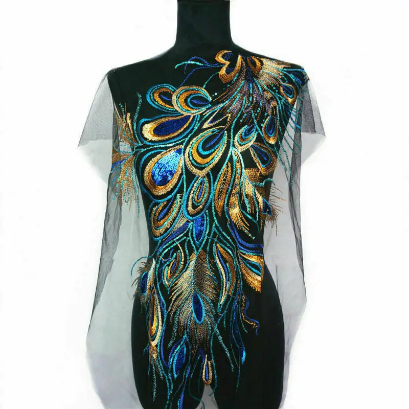 

Нашивка с павлиньими перьями и блестками, вышитое блестками перо Феникса, свадебное платье, сделай сам, аппликация, кружевная сетчатая отделка, нашивка для шитья