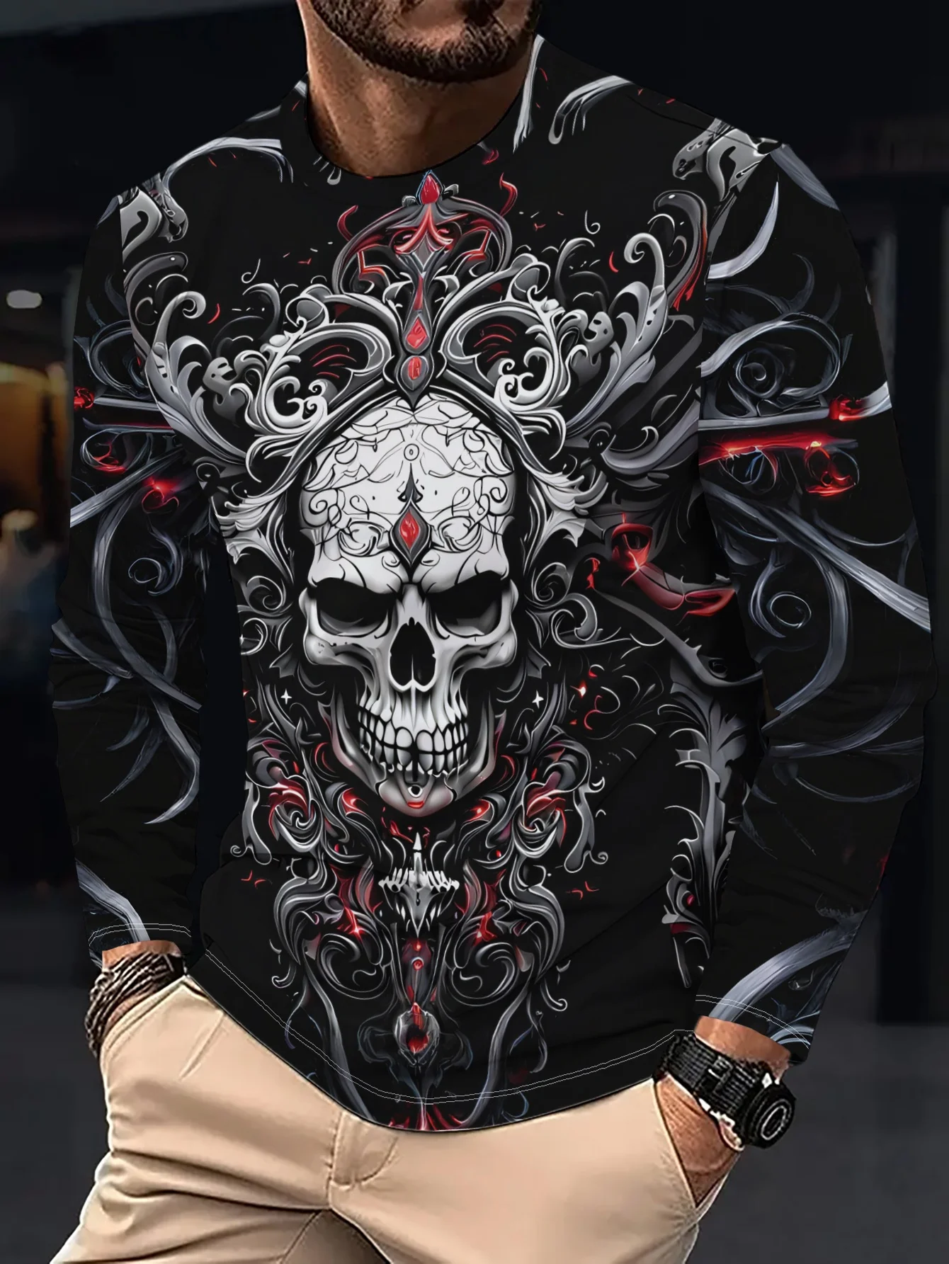 2026 new hot selling autumn and winter fashion skeleton pattern 3D printing men's Halloween long sleeved outdoor men's clothing
