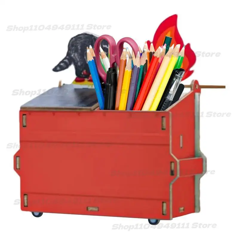 

Desk Pen Organizer Raccoon Fire Decorative Brush Holder Multi-Slot Pencil Cup with Cartoon Decor Stationery Storage Container