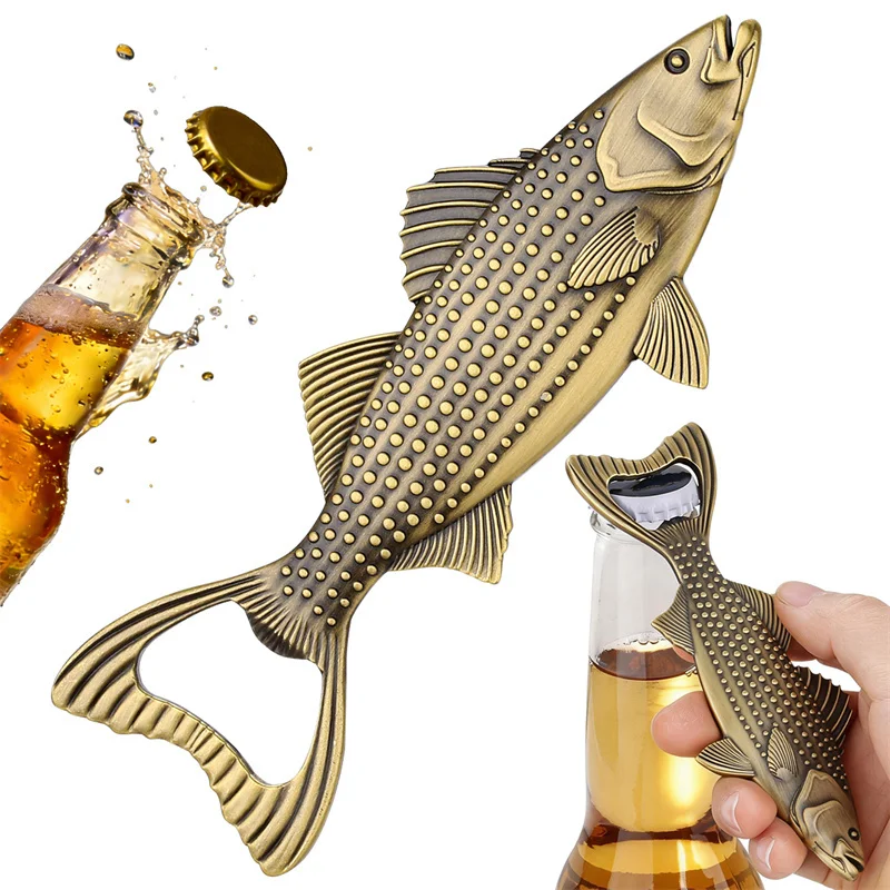 

Vintage Perch Fish Shaped Bottle Opener Metal Beer Opener for Bar Home Kitchen Wedding Party Gadget Portable Opener with Bag