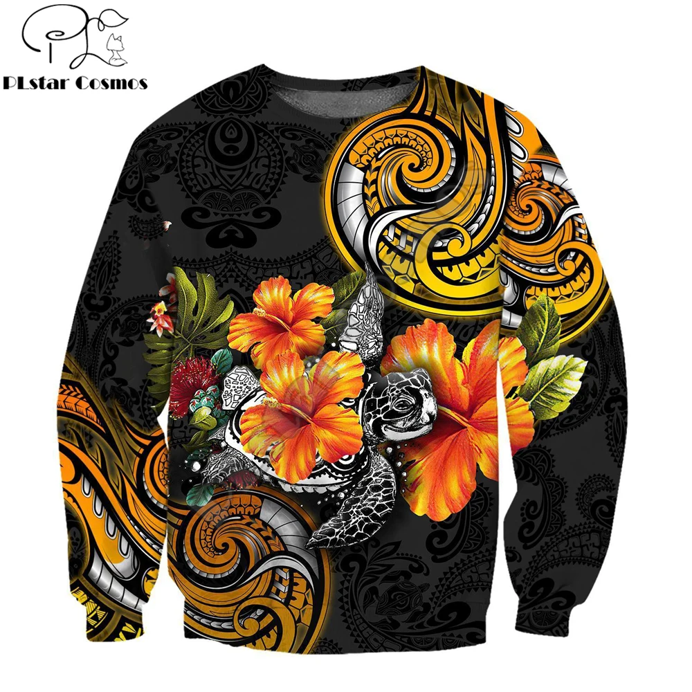 Pohnpei Polynesian Turtle 3D Printed Hibiscus Tattoo Tattoo Harajuku Casual Streetwear Zip Up Awesome Unisex Pullover DW0410